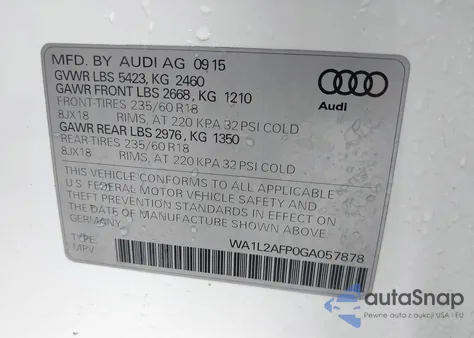 2016 Audi Q5 2.0T Premium z USA, uszkodzony, nr VIN WA1L2AFP0GA057878